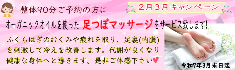 整体90分ご予約の方に オーガニックオイルを 使った足つぼマッサージをサービス致します！